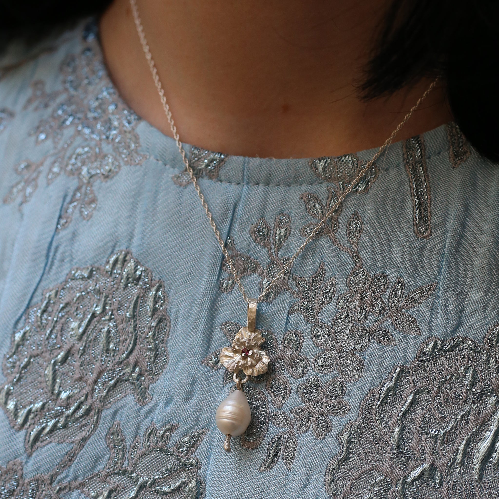 Tourmaline Set Wild Pansy Necklace with Pearl